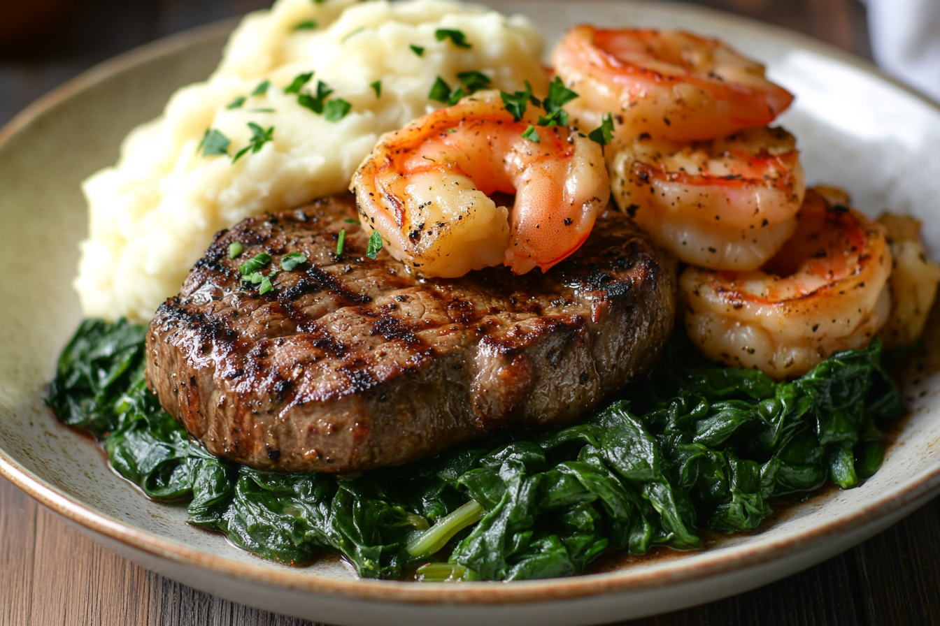 Seared Steak & Creamy Cajun Shrimp with Sautéed Spinach & Mashed Yukon Potatoes: A Flavorful Feast