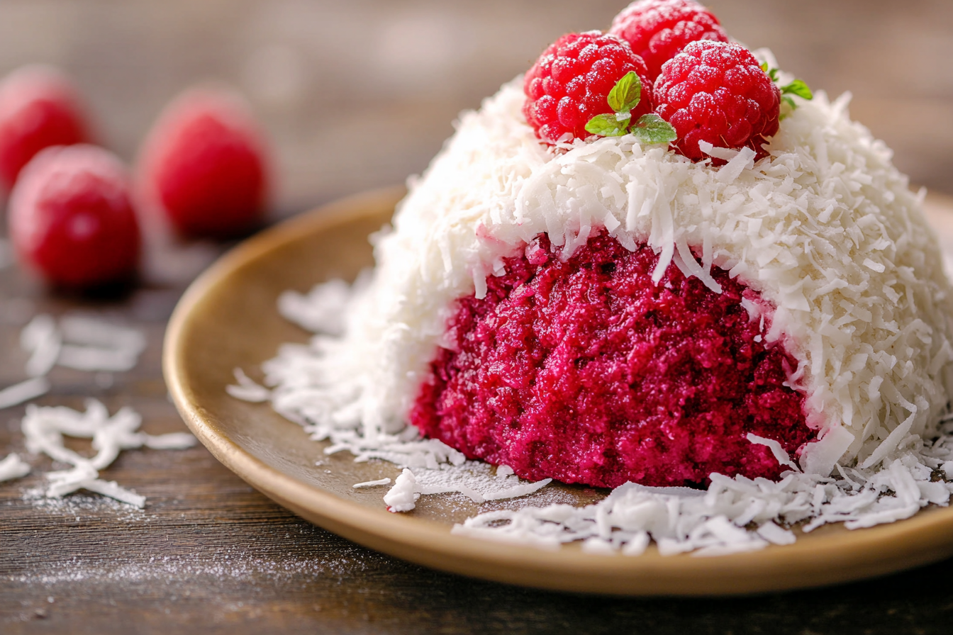 Raspberry Swirl Coconut Snowball Cake