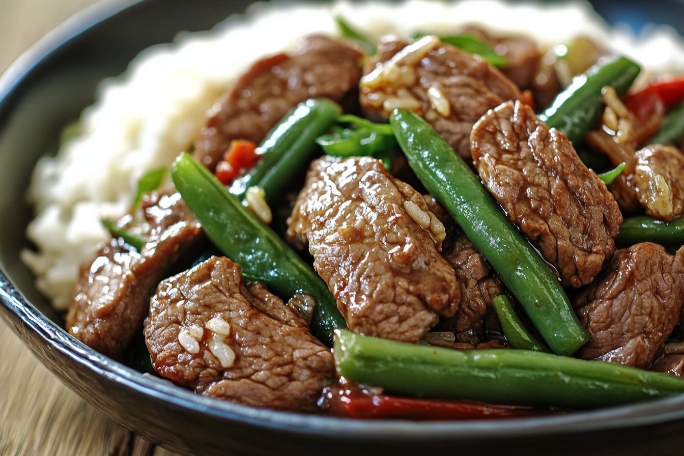 Spicy Garlic Beef Stir-Fry with Green Beans & Rice