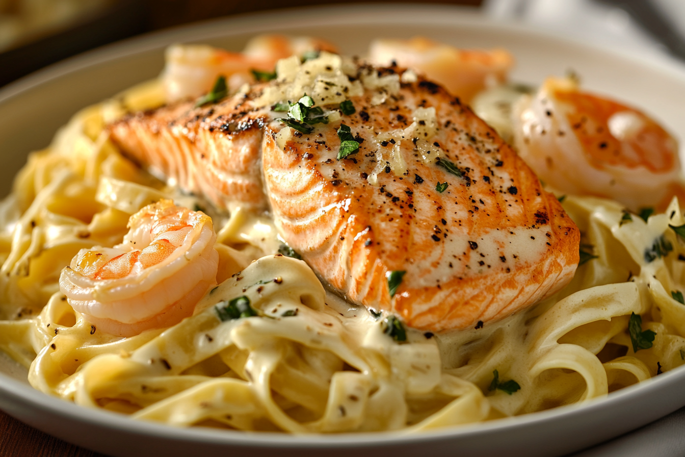 Salmon and Shrimp Alfredo with a Twist