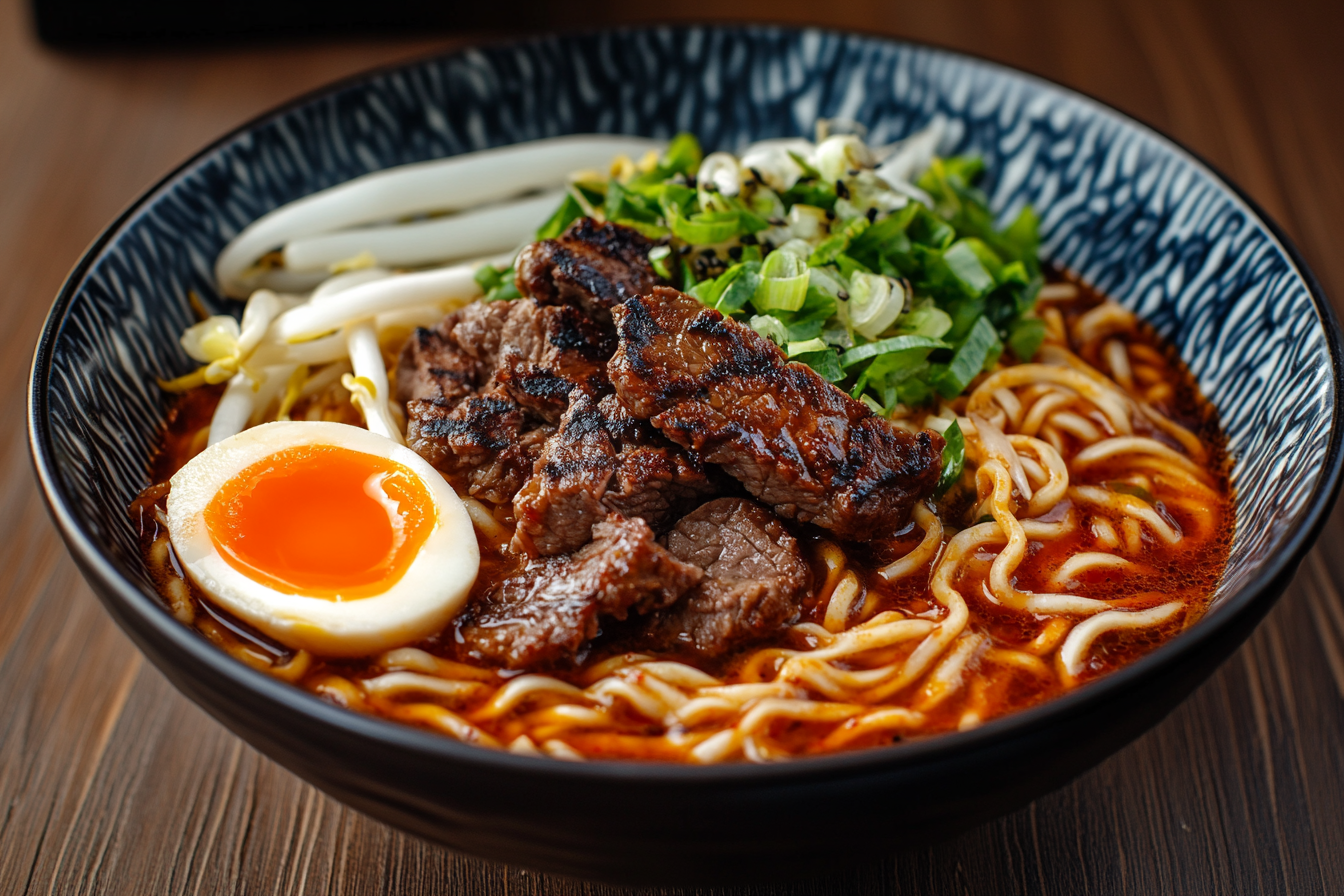 Spicy Korean Ramen with Grilled Beef & Creamy Sauce