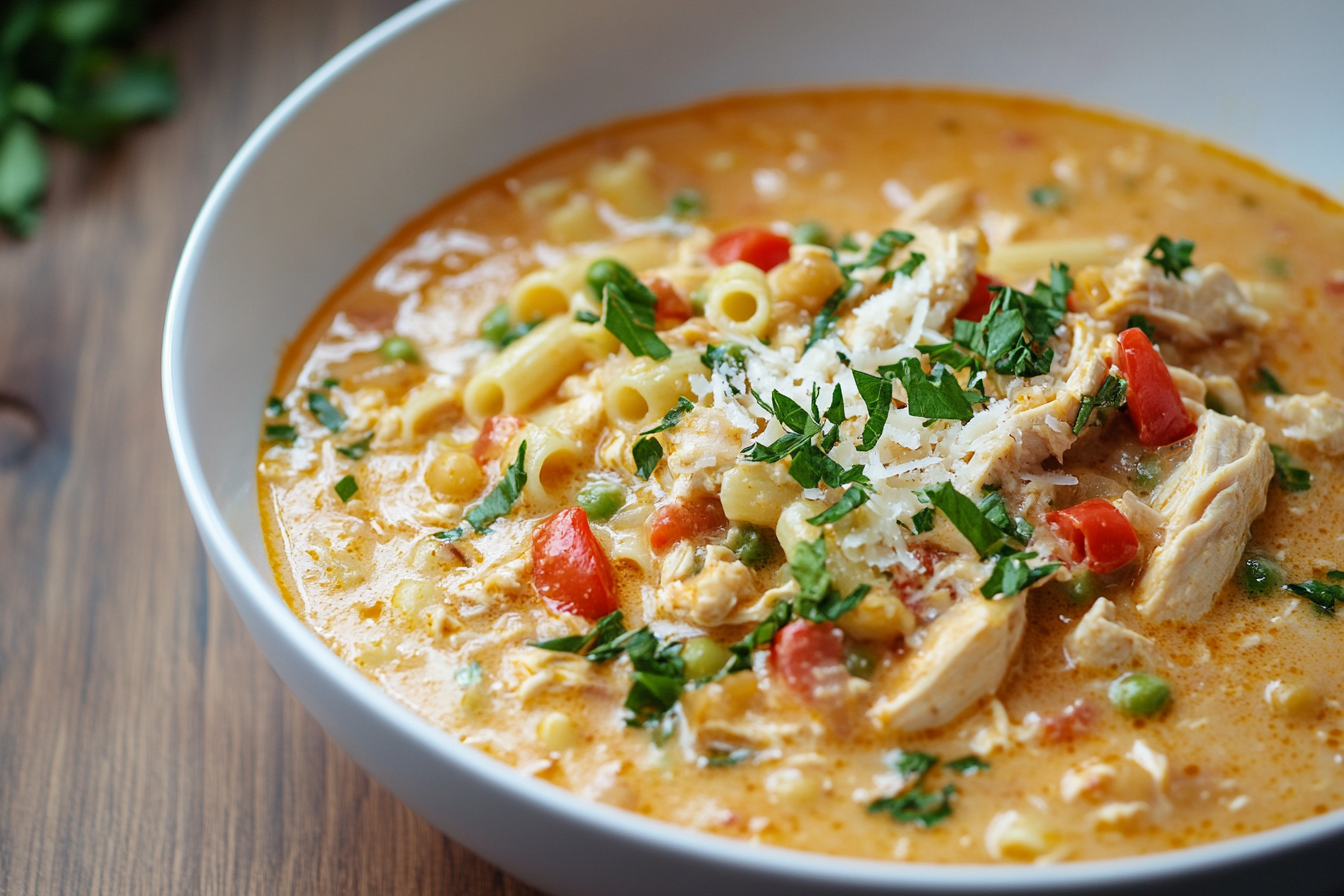 Creamy Parmesan Cajun Chicken Pasta Soup