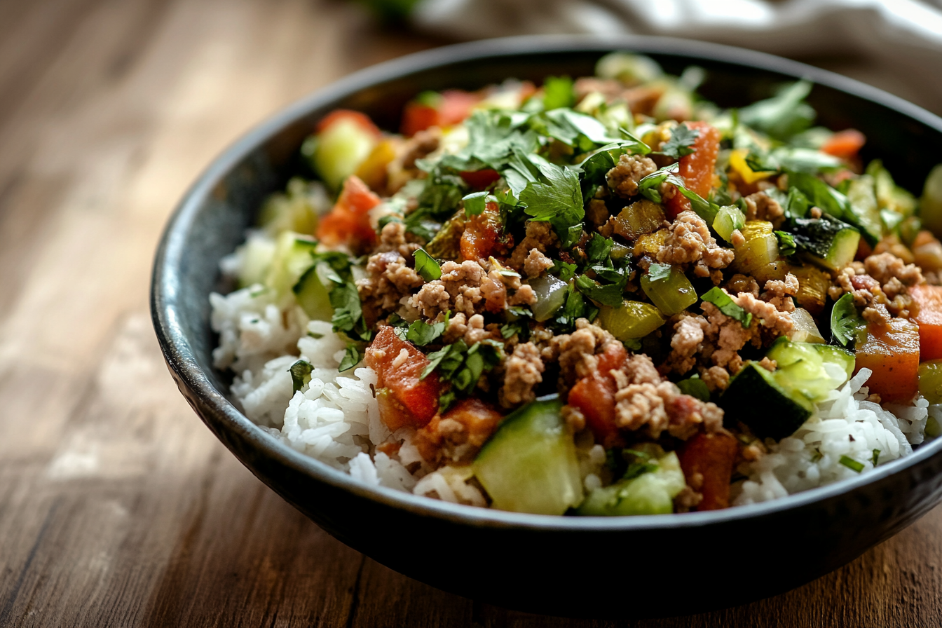 Savory Ground Turkey & Roasted Veggie Rice Bowl