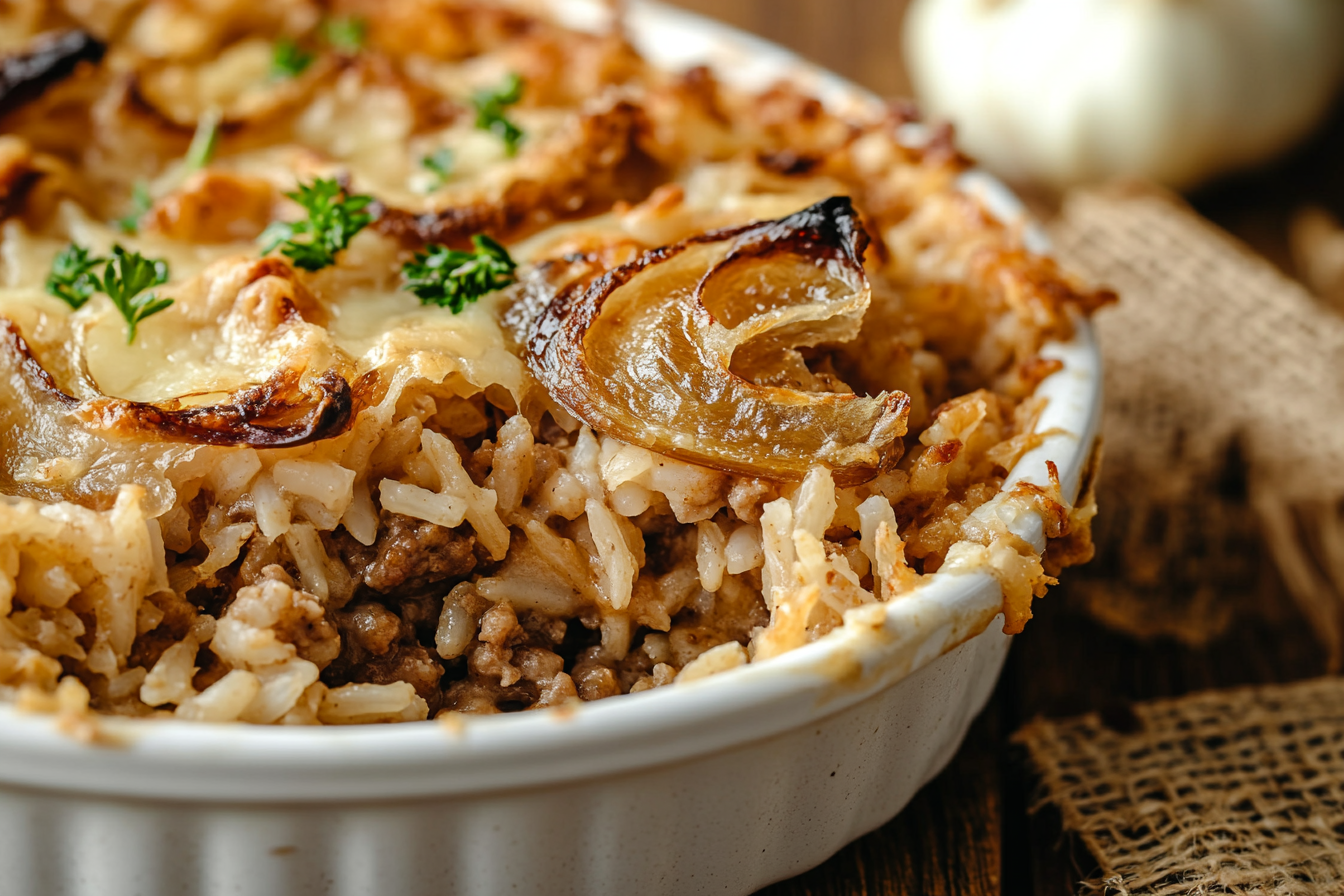 French Onion Ground Beef & Rice Casserole