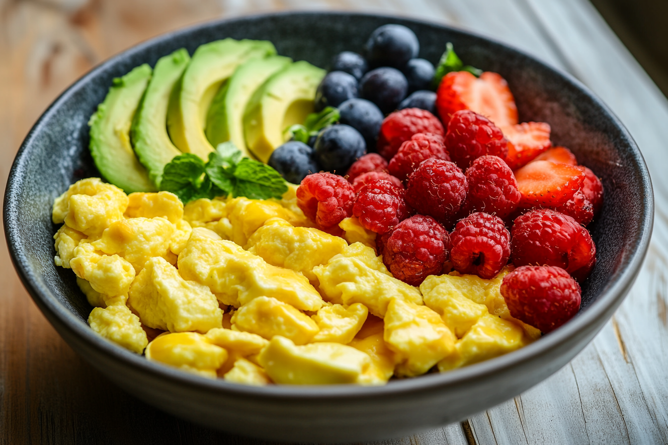 Power Breakfast Bowl with Scrambled Eggs, Avocado & Berries