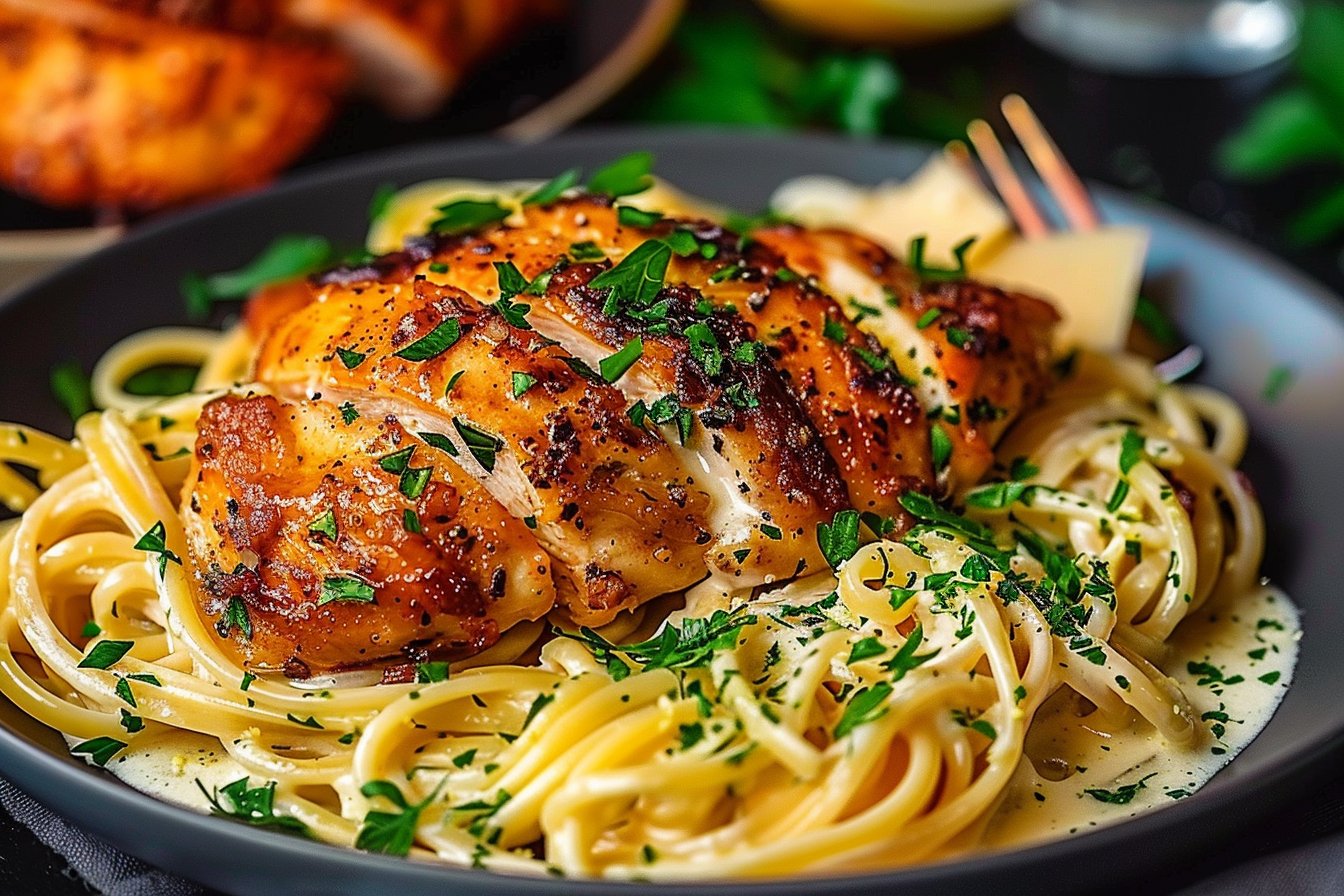 Lemon Garlic Butter Chicken with Creamy Parmesan Linguine