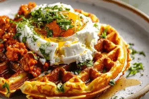 Egg Waffles with Romesco and Goat Cheese