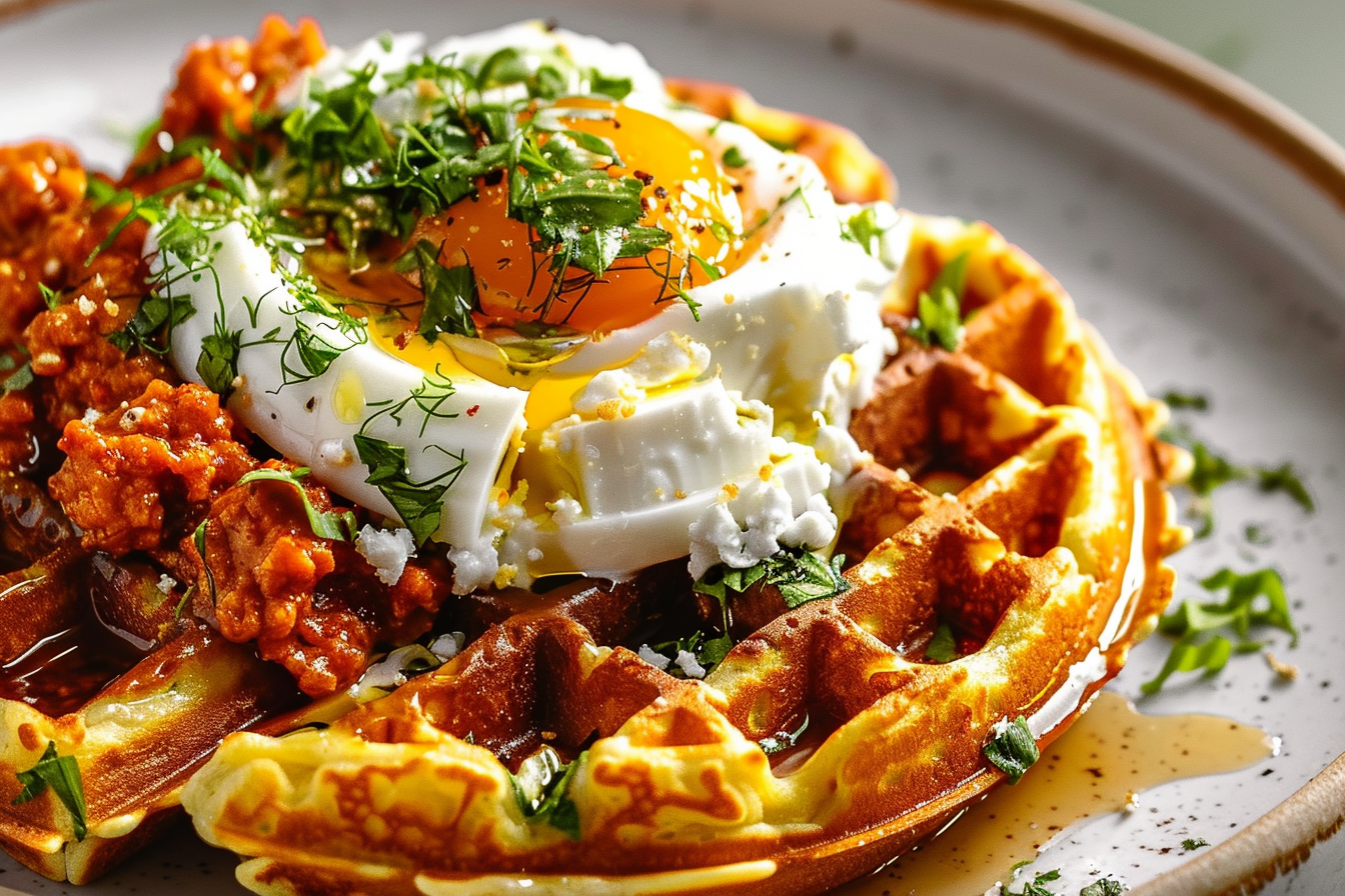 Egg Waffles with Romesco and Goat Cheese
