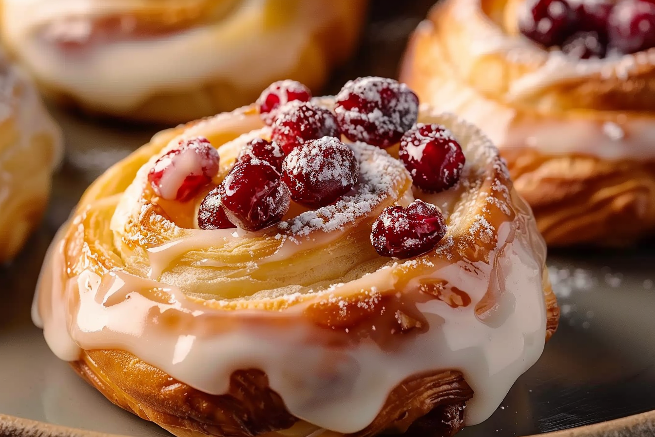 Cream Cheese Danishes with Sugared Cranberries and Vanilla Butter Glaze