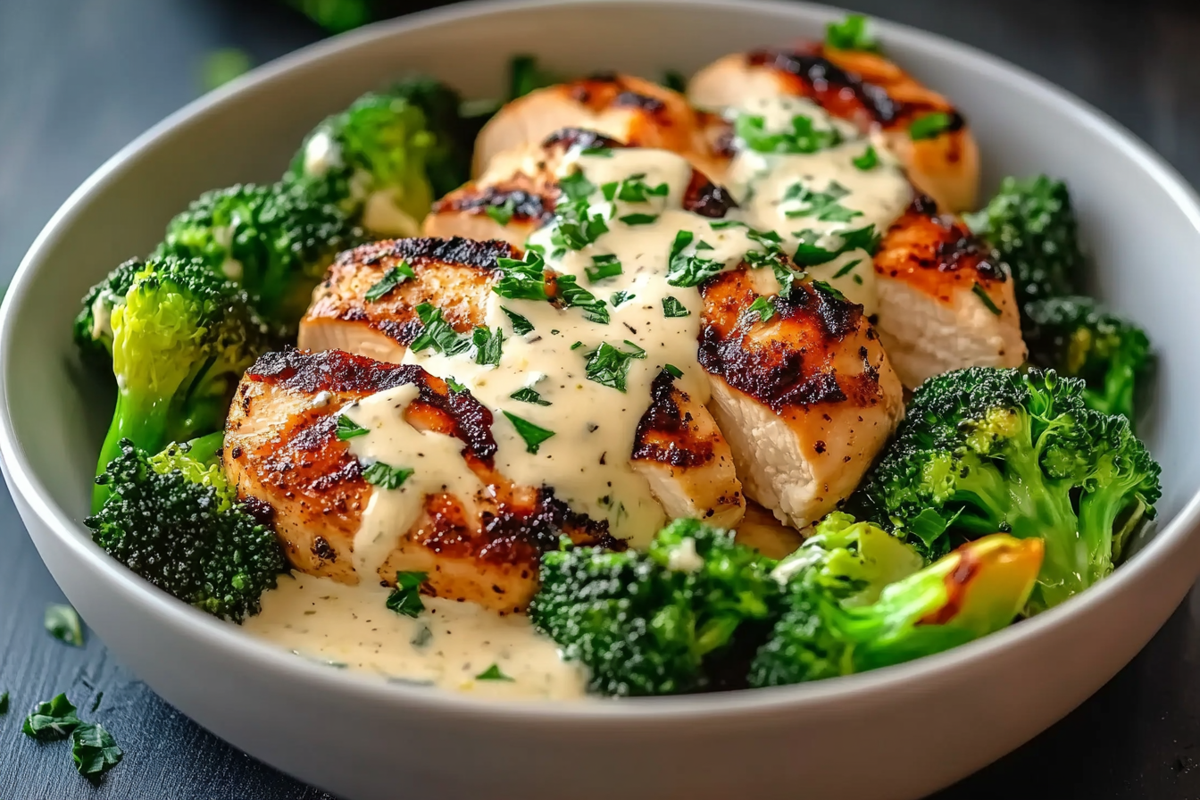 Grilled Chicken & Broccoli Bowls with Creamy Garlic Sauce