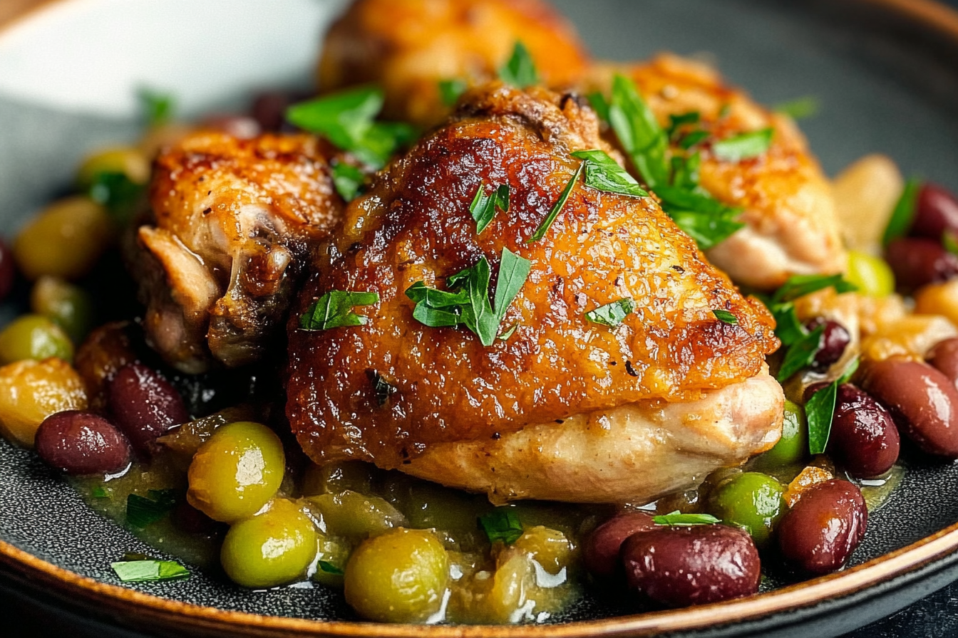 Crispy Chicken Thighs Over Vinegar Beans