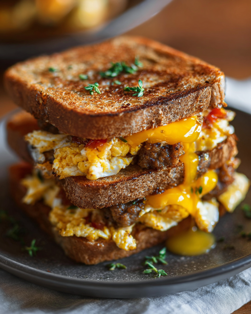 Breakfast Grilled Cheese with Eggs & sausage