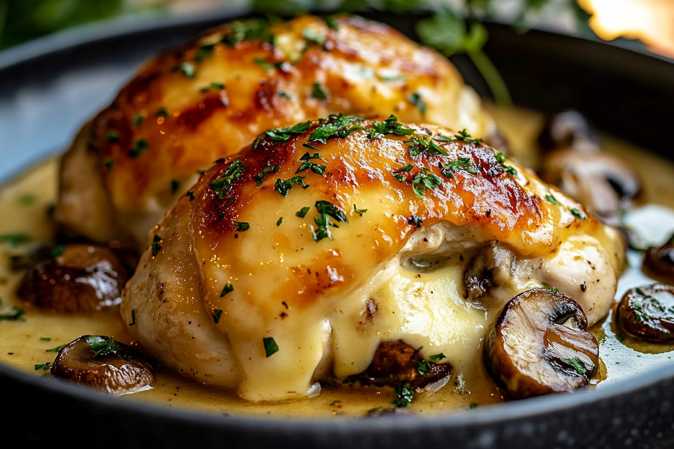 Cheesy Garlic Butter Mushroom Stuffed Chicken