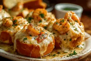 Crabby Shrimp-Stuffed Garlic Bread Bombs served hot