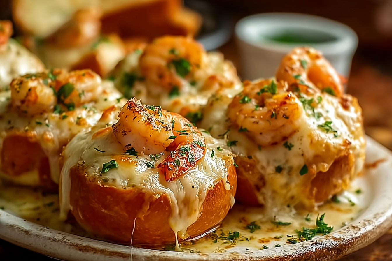 Crabby Shrimp-Stuffed Garlic Bread Bombs served hot