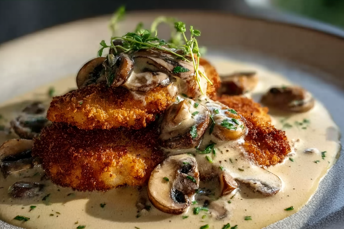 Crispy Golden Chicken with Creamy Parmesan Mushroom Sauce