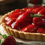 whole fresh homemade strawberry pie with whipped cream