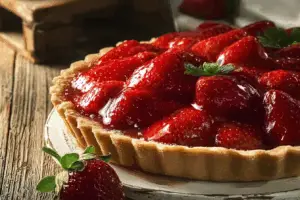 whole fresh homemade strawberry pie with whipped cream