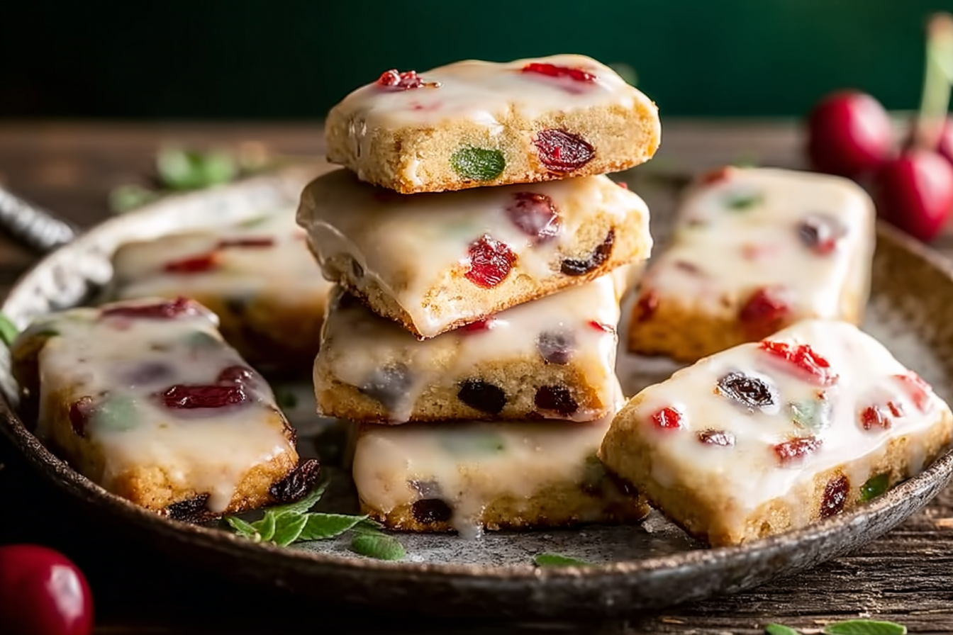 Glazed Fruitcake Shortbread Cookies