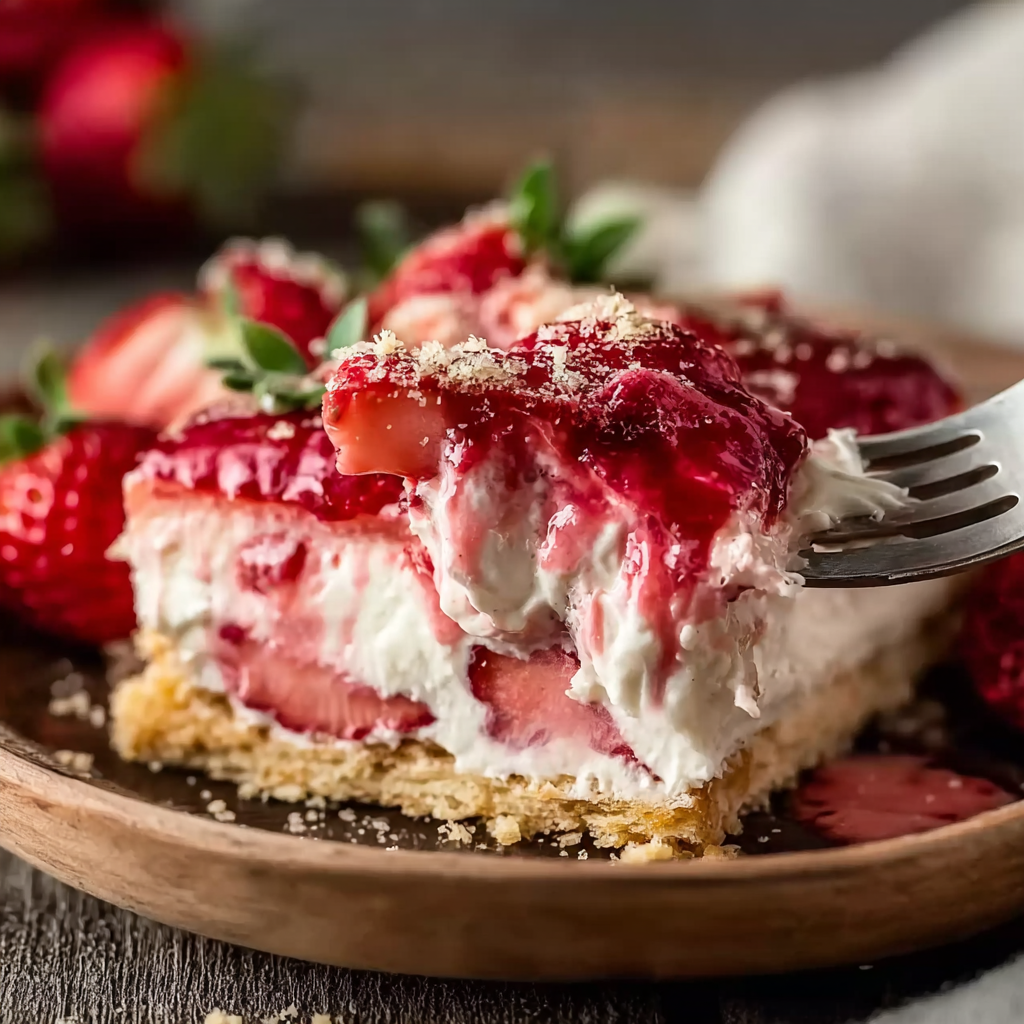 Layering strawberries and pudding mixture for Strawberry Eclair Cake