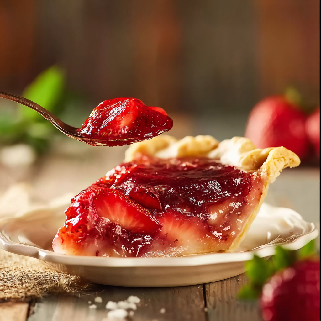 adding whipped cream to a slice of strawberry pie
