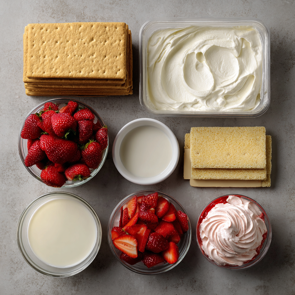 Ingredients for making Strawberry Eclair Cake laid out on a table