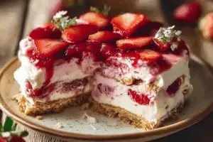 Strawberry Eclair Cake with fresh strawberries and frosting in glass dish