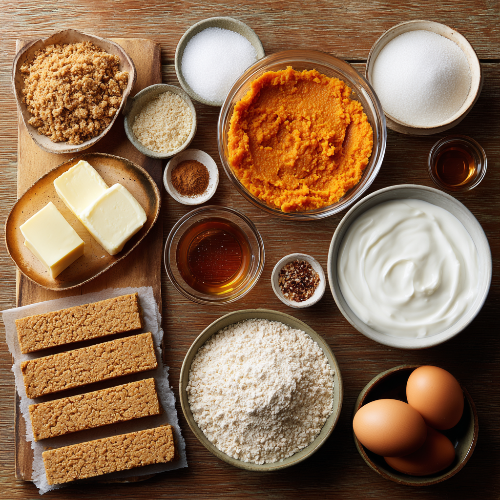 Ingredients for sweet potato pie bars on wooden counter