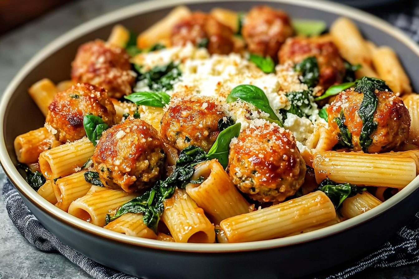 Zesty Turkey & Ricotta Meatballs with Garlic Spinach Rigatoni