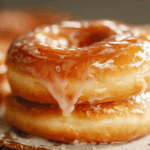 Freshly glazed donuts on a cooling rack with golden glaze