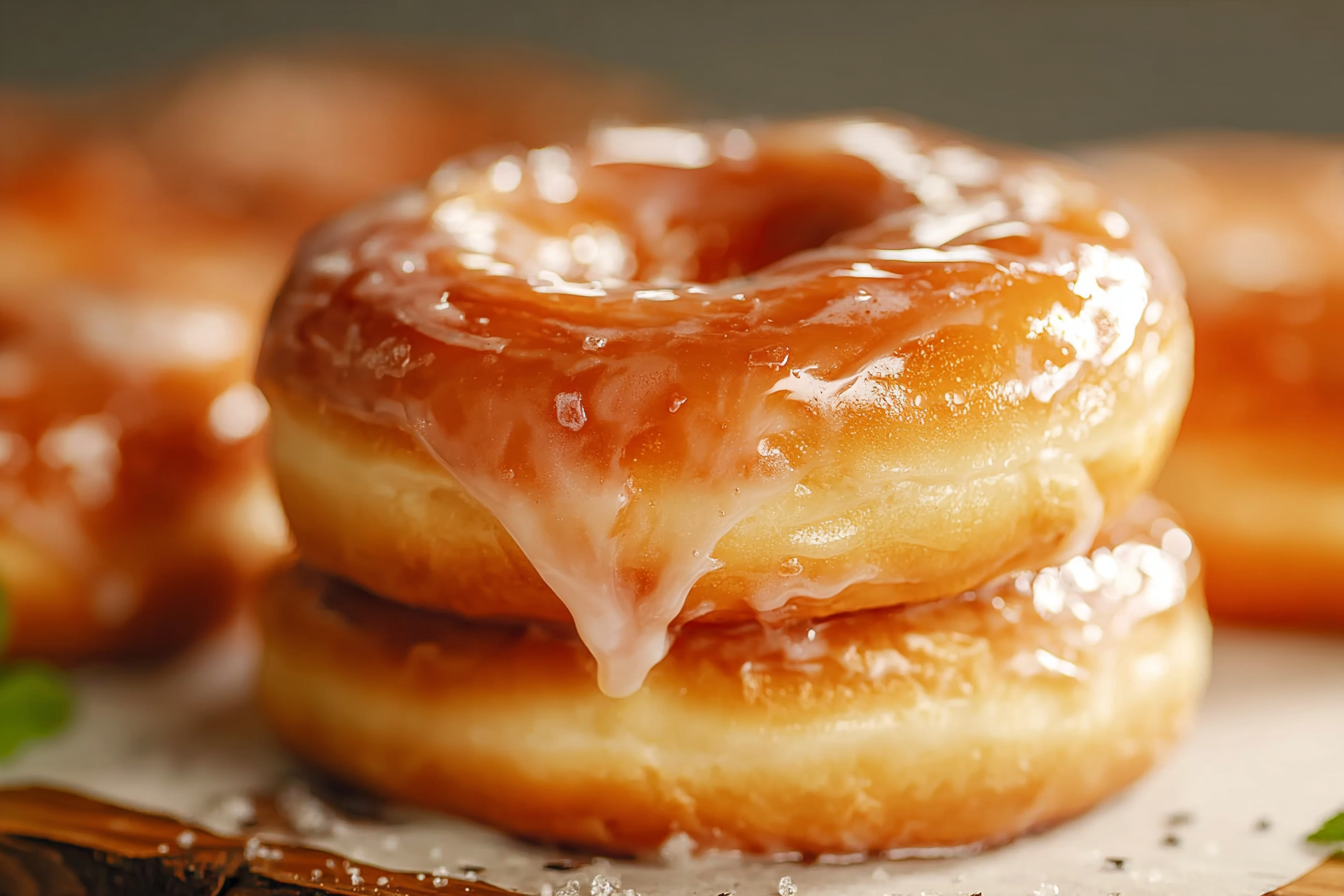 Freshly glazed donuts on a cooling rack with golden glaze