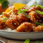 4-Ingredient Orange Chicken served on white rice with sticky glaze