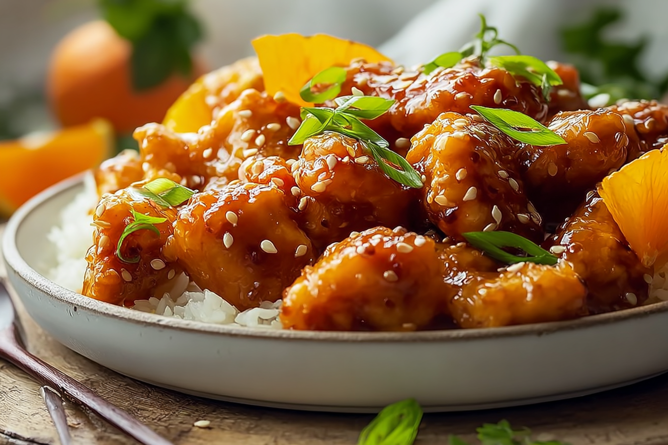 4-Ingredient Orange Chicken served on white rice with sticky glaze