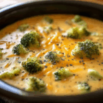 Crock Pot Broccoli Cheese Soup served hot with cheese topping