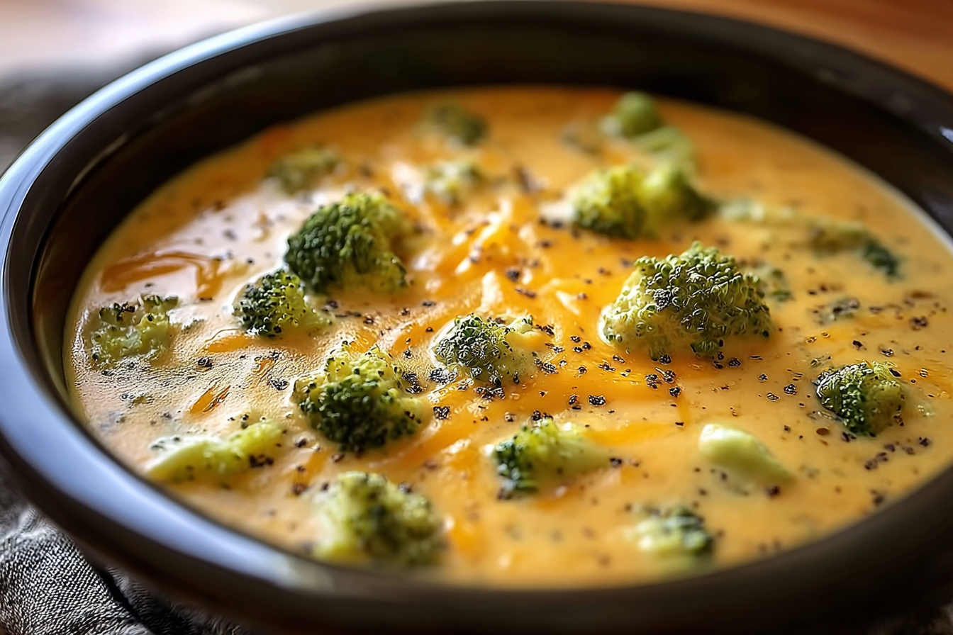 Crock Pot Broccoli Cheese Soup served hot with cheese topping