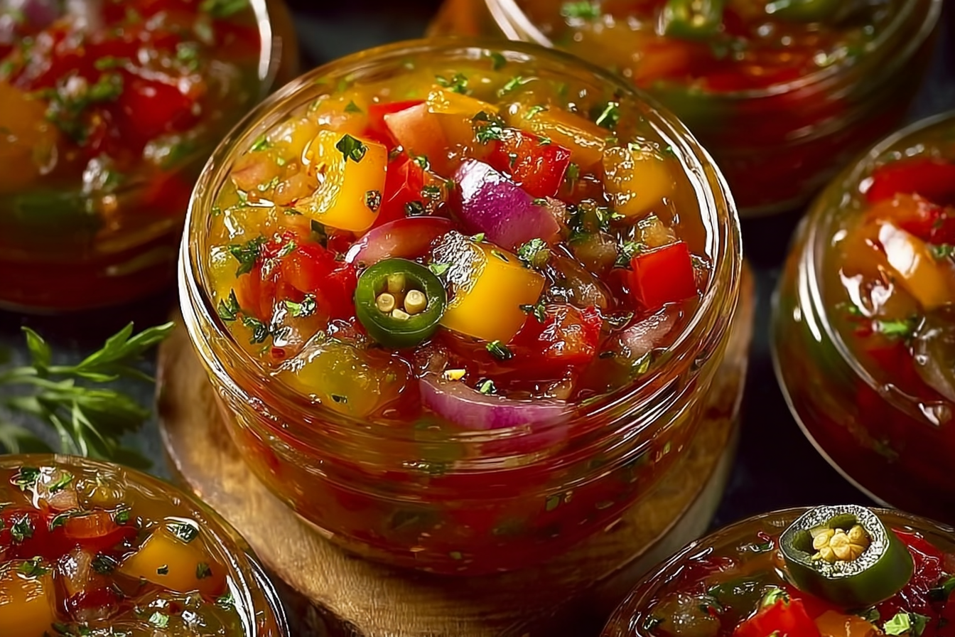 Pickled Pepper and Onion Relish Recipe in glass jar