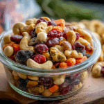 Colorful baby trail mix in snack cup on highchair