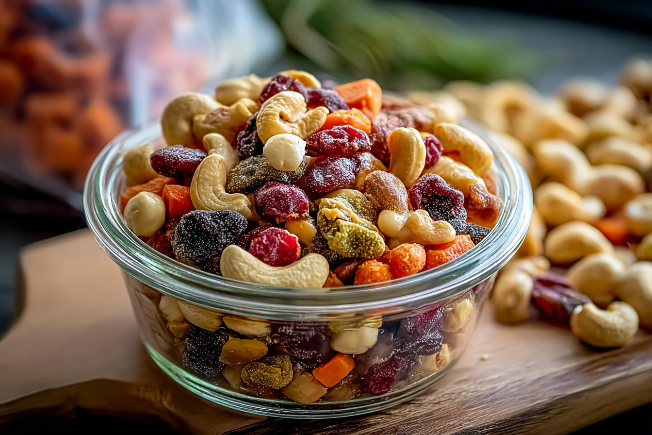 Colorful baby trail mix in snack cup on highchair