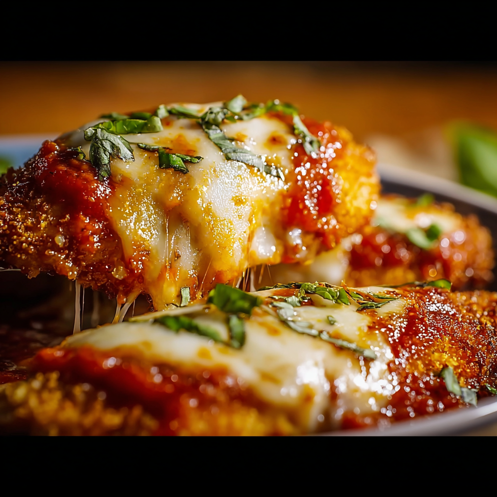  Chicken parmesan baking with sauce and cheese