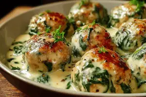 Baked Chicken Ricotta Meatballs with Spinach Alfredo Sauce