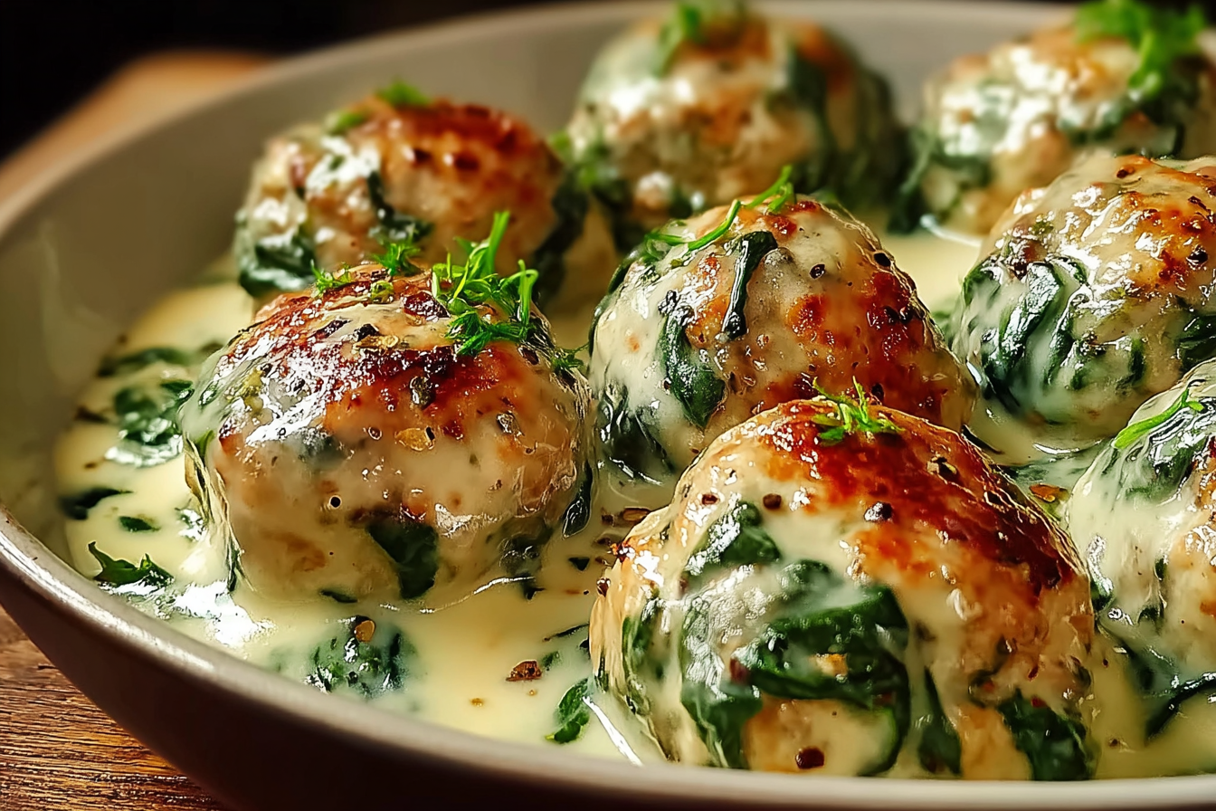 Baked Chicken Ricotta Meatballs with Spinach Alfredo Sauce