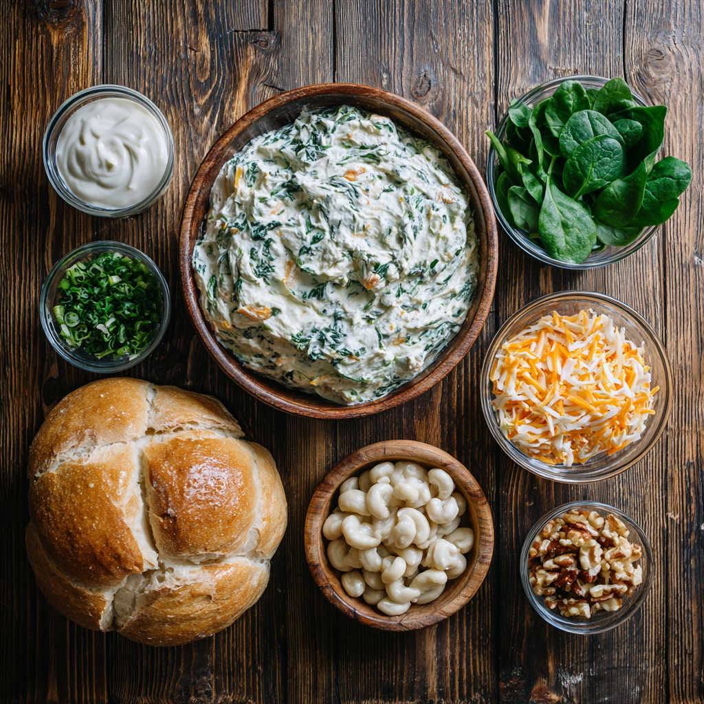 Baked 3 cheese spinach dip in skillet