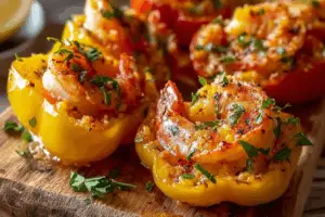 Bang Bang Shrimp Stuffed Peppers served on platter with spicy creamy sauce