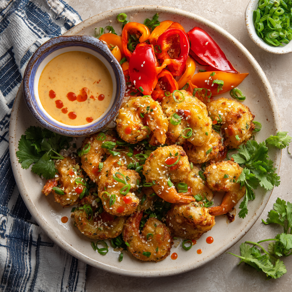 Raw ingredients for Bang Bang Shrimp Stuffed Peppers including shrimp, peppers, and sauce components
