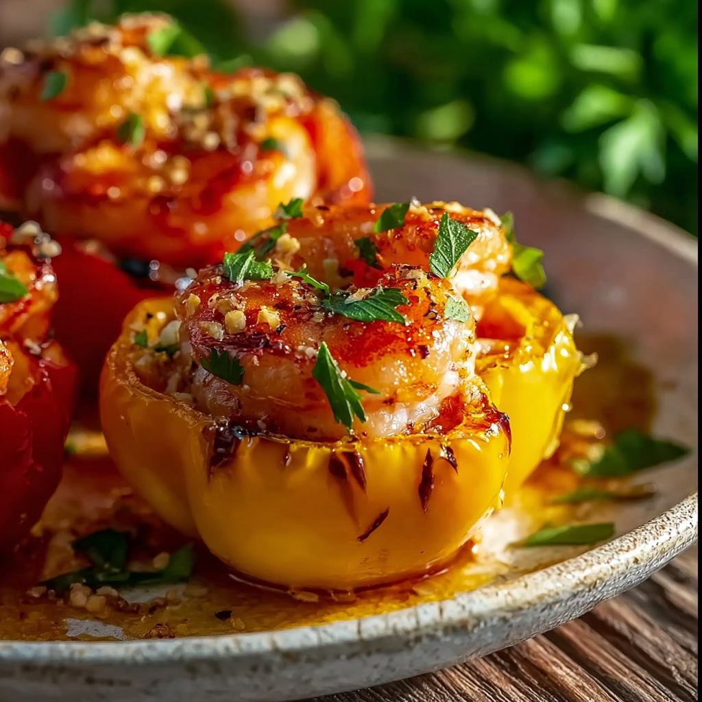 Bang Bang Shrimp Stuffed Peppers served on a party platter with sauces and garnishes