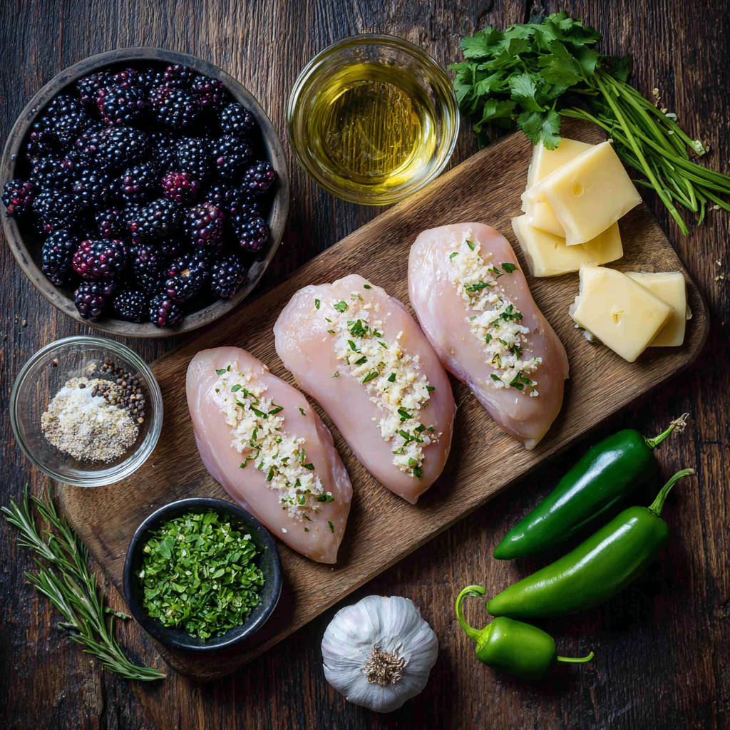 Ingredients for blackberry jalapeno stuffed chicken