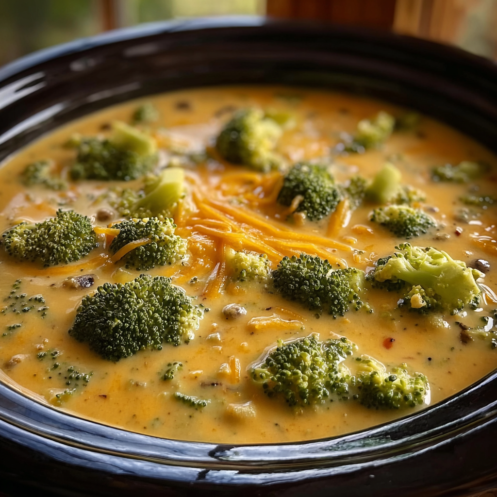 Final serving of Crock Pot Broccoli Cheese Soup with toppings