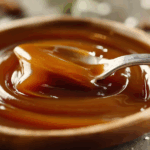 Brown sugar caramel sauce in a jar dripping off a spoon
