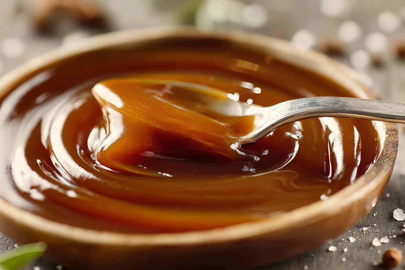Brown sugar caramel sauce in a jar dripping off a spoon