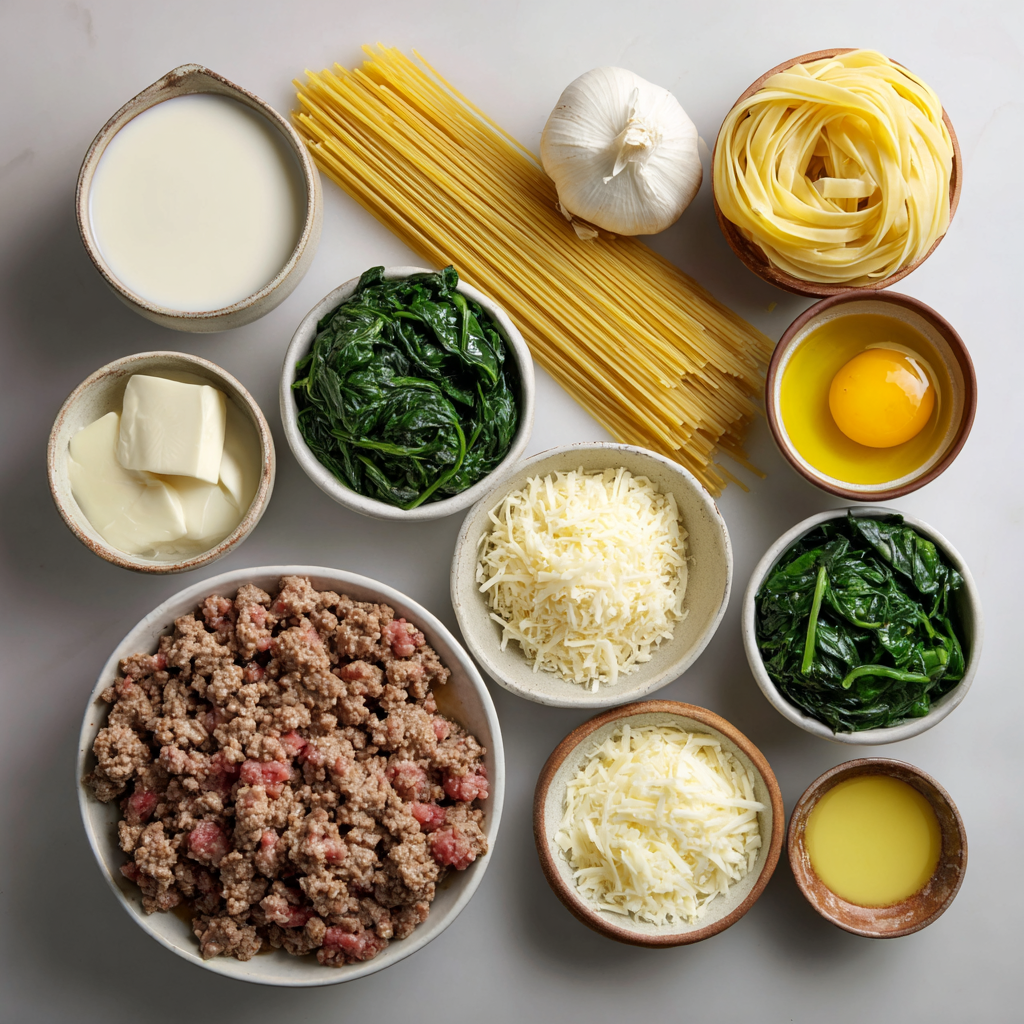 Cheesy Garlic Butter Linguine with Beef: Sausage and Spinach
